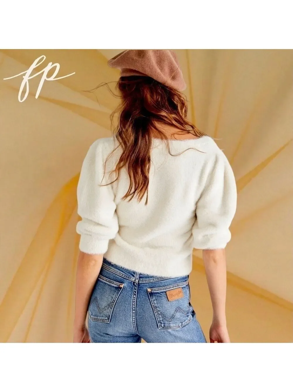 FREE PEOPLE NWT Moonbeam Fuzzy 3/4 Puff Sleeve Cropped Scoop Neck Sweater/Lg